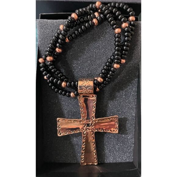 Jay King Black Onyx & Copper Cross Statement Necklace New in Box - Picture 2 of 9